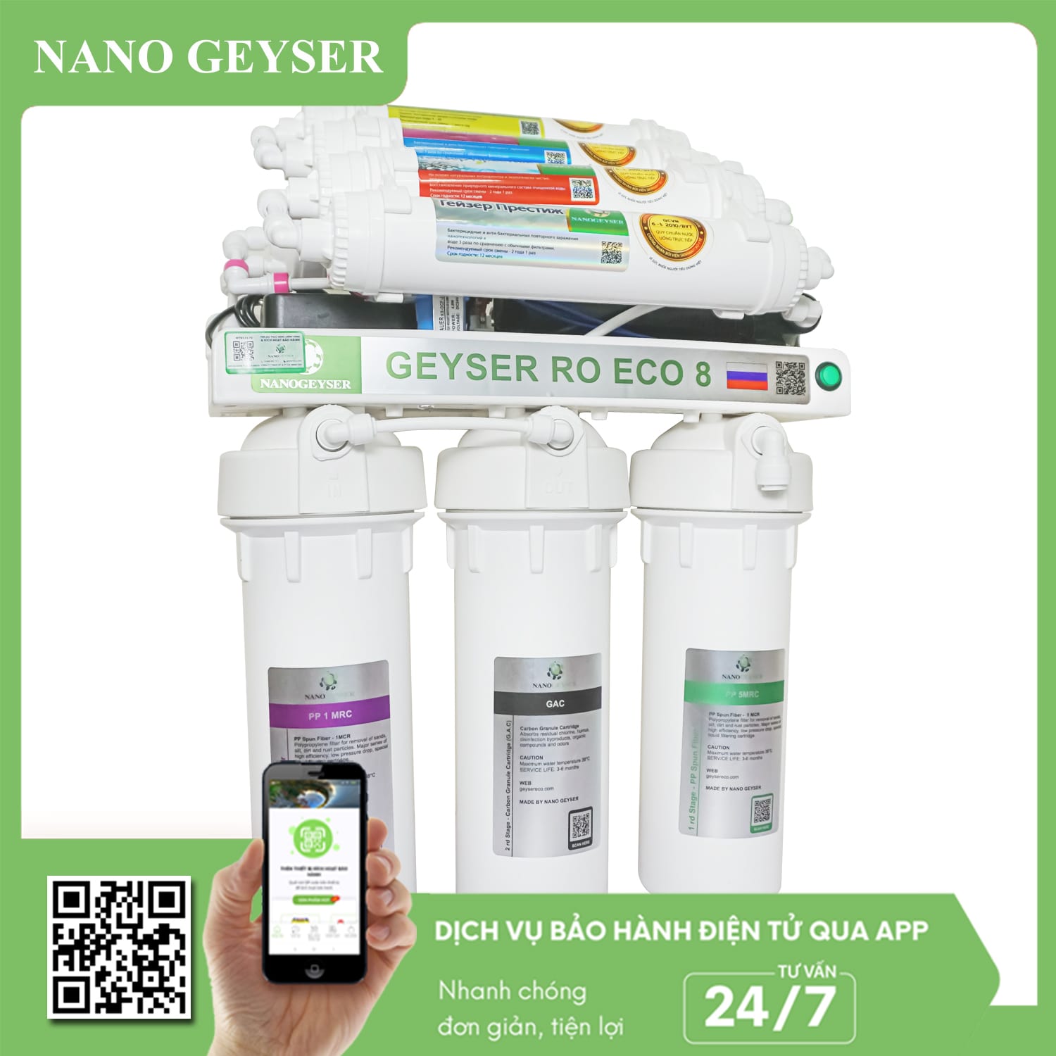 Máy lọc nước Nano Geyser RO ECO8 8 cấp xử lý cặn canxi vượt trội bảo hành 60 tháng